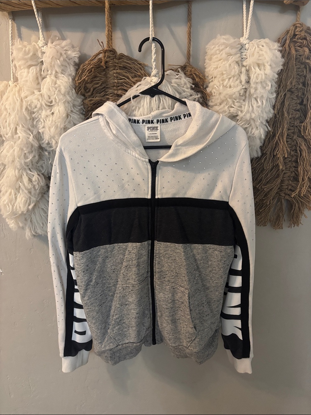 PINK Victoria's Secret White, Black & Gray Rhinestone Zip Hoodie